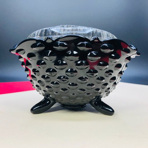 Vintage Black Glass Hobnail Footed Bowl and Clear Glass Flower Frog: Centerpiece - Picture 3 of 12